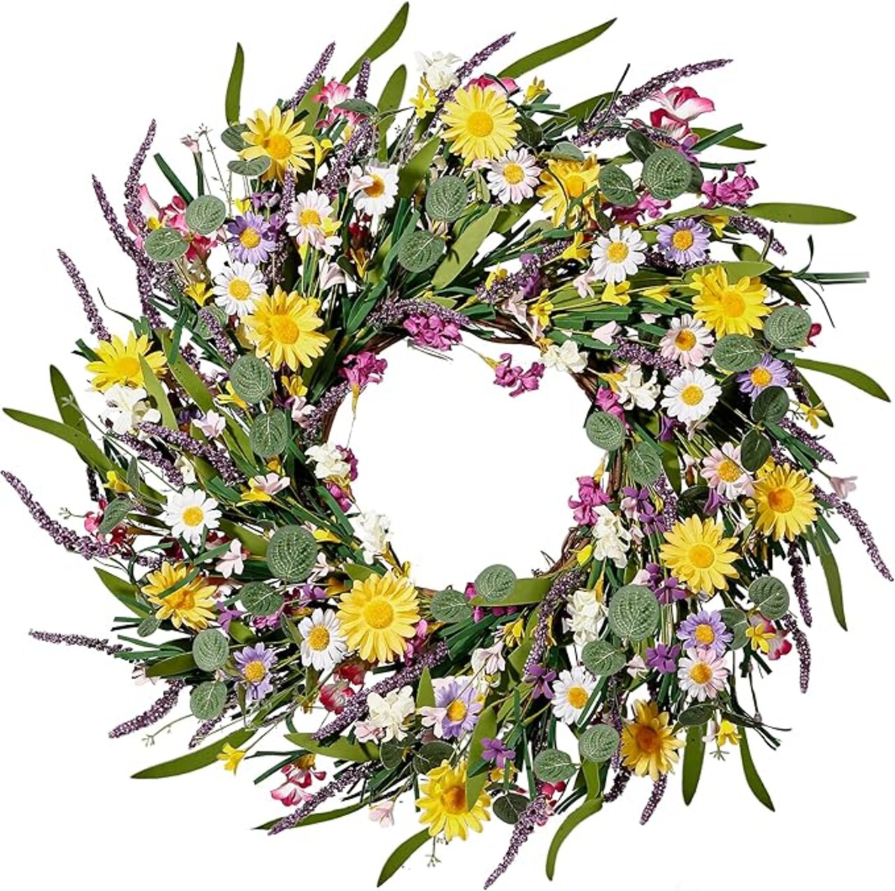 Daisy and Lavender Wreath 22’’ Wildflower Spring Summer Artificial Silk Wreath for Front Door Home Wall Wedding Festival Farmhouse Holiday Decor